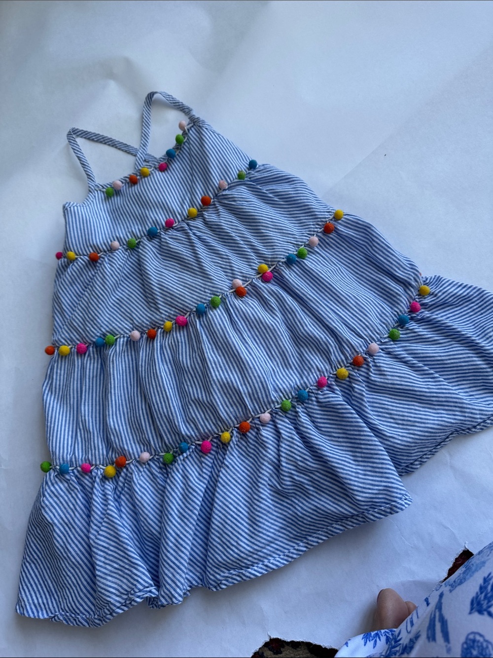 Tommy Bahama Blue & White Striped Pom-Pom Tiered Sundress